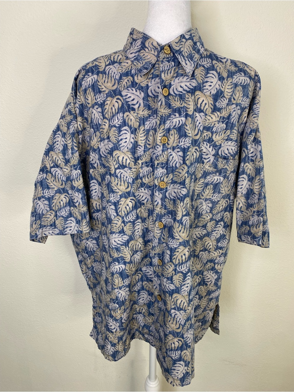 Cooke Street Cotton Short Sleeve Button Up Shirt L Blue Beige Tropical Leaf Prin